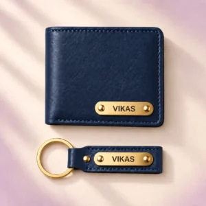 Personalized Navy Blue Wallet and Keychain Combo